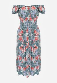 Renee - Zielono-Niebieska Sukienka Midi z Krótkim Rękawem z Wiskozy w Kwiaty Emena. Kolor: zielony. Materiał: wiskoza. Długość rękawa: krótki rękaw. Wzór: kwiaty. Sezon: lato. Typ sukienki: rozkloszowane. Długość: midi #4