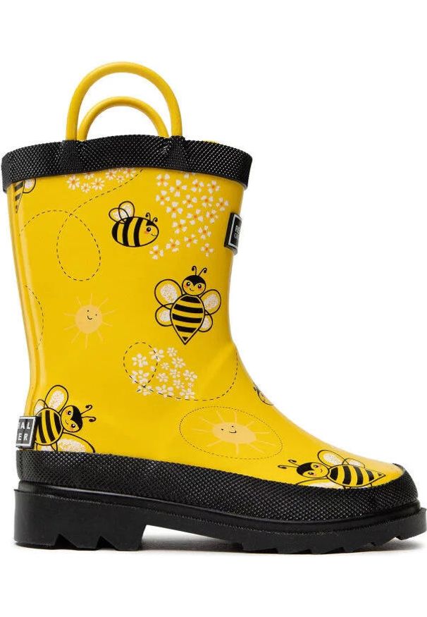 Regatta - Kalosze turystyczne dziecięce Minnow. Kolor: żółty. Materiał: guma. Wzór: kolorowy. Sezon: zima. Sport: turystyka piesza