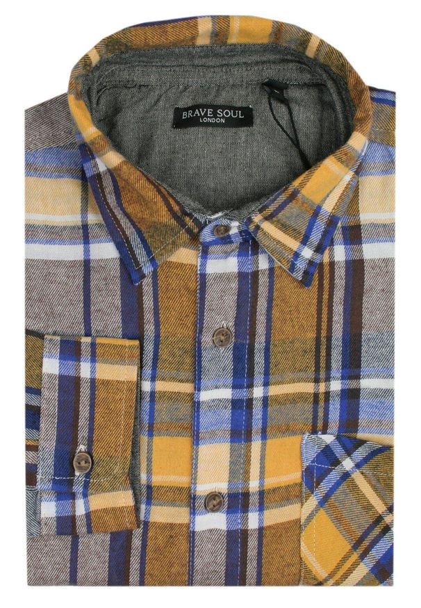 Flanelowa Koszula Sportowa (Casual) - Brave Soul - Niebiesko-Musztardowa Kratka. Okazja: na co dzień. Kolor: wielokolorowy. Materiał: bawełna. Wzór: kratka. Sezon: zima, jesień. Styl: sportowy, casual