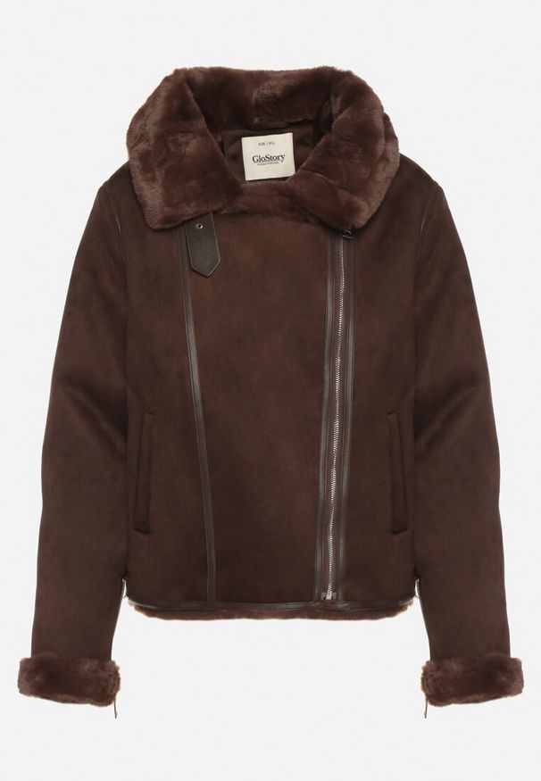 Born2be - Brązowa Kurtka Biker z Imitacji Zamszu z Futrzanymi Mankietami i Kołnierzem Awedine. Okazja: na co dzień. Kolor: brązowy. Materiał: futro, zamsz. Sezon: jesień, zima. Styl: klasyczny, casual