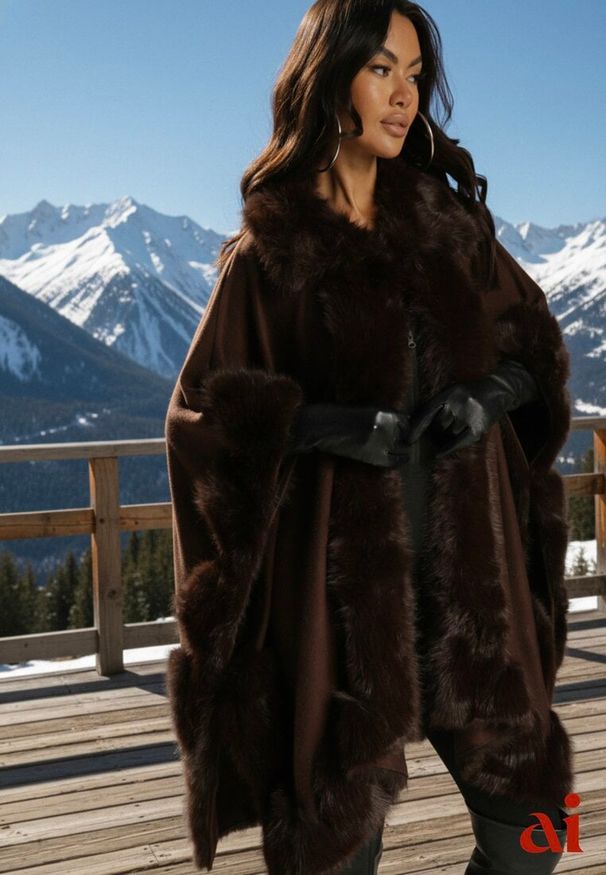 Renee - Brązowe Ponczo z Wiskozą Wełną i Futerkiem Mevicia. Okazja: na co dzień, na imprezę. Kolor: brązowy. Materiał: wełna, wiskoza, futro. Wzór: aplikacja. Styl: klasyczny, casual, elegancki