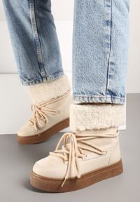 Renee - Beżowe Śniegowce Futerkowe na Platformie ze Sznurowaną Cholewką Izalithia. Kolor: beżowy. Materiał: wełna, jeans, futro. Szerokość cholewki: normalna. Sezon: zima. Obcas: na platformie. Styl: elegancki #6