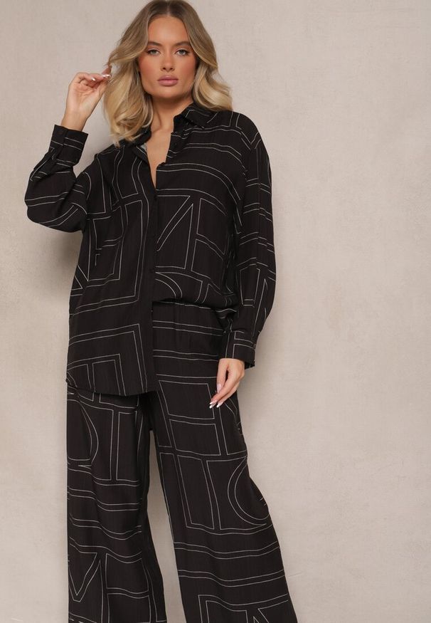 Renee - Czarny Komplet z Wiskozy Zdobiony Geometrycznym Printem Koszula i Spodnie Hanovin. Kolor: czarny. Materiał: wiskoza. Wzór: geometria, aplikacja, nadruk