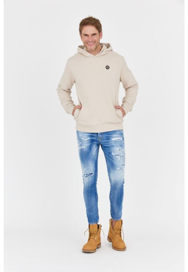 Philipp Plein - PHILIPP PLEIN Beżowa męska bluza hexagon z kapturem, Rozmiar M. Typ kołnierza: kaptur. Kolor: beżowy