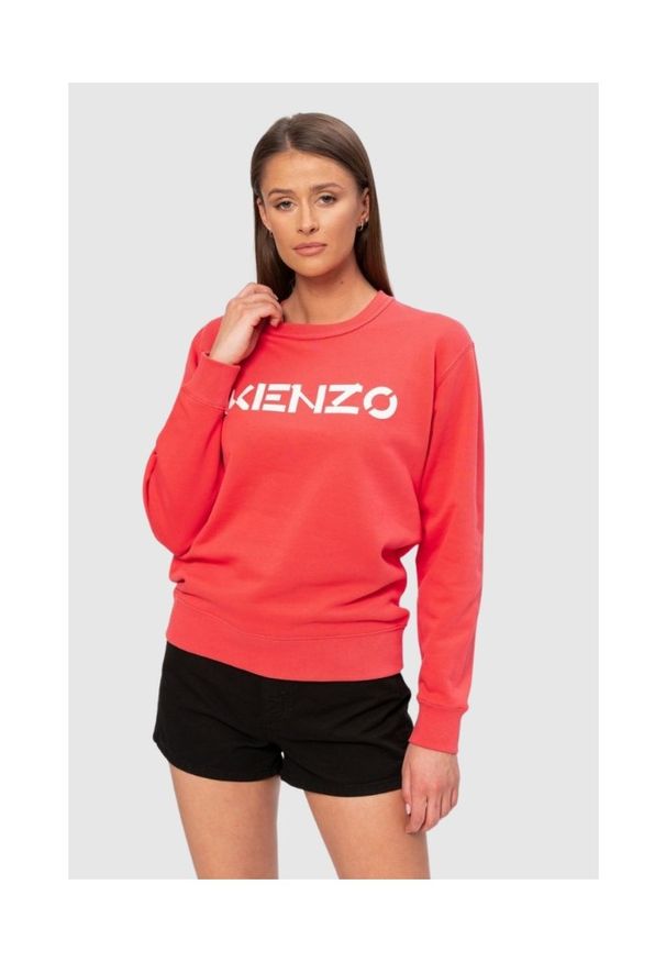 Kenzo - KENZO Koralowa bluza damska z białym logo, Rozmiar XS. Kolor: czerwony. Materiał: prążkowany, bawełna. Wzór: nadruk