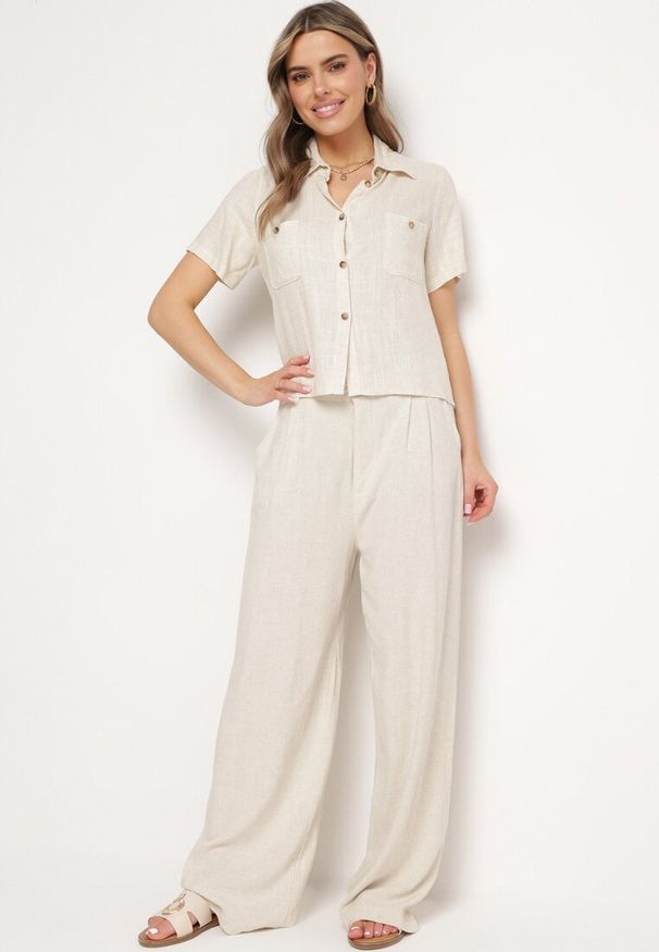 Born2be - Beżowe Spodnie z Wiskozy i Lnu z Wysokim Stanem i Szerokimi Nogawkami Aidrons. Okazja: na co dzień. Stan: podwyższony. Kolor: beżowy. Materiał: wiskoza, len. Sezon: lato. Styl: casual