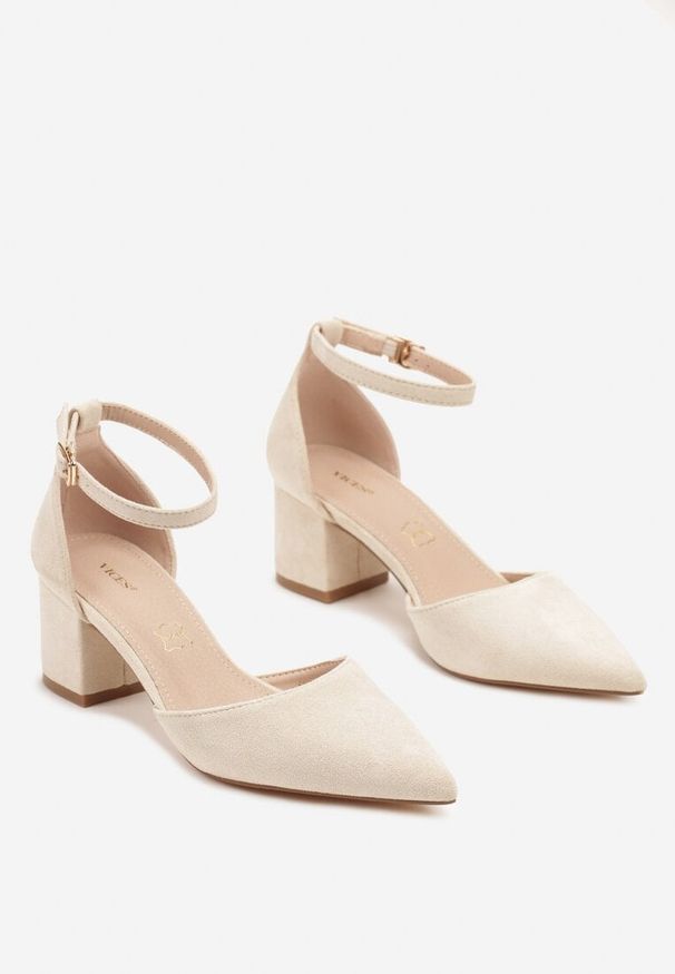 Renee - Beżowe Czółenka Vices na Słupku z Wkładką ze Skóry Naturalnej Seathra. Okazja: na spotkanie biznesowe, do pracy, na imprezę. Zapięcie: sprzączka. Kolor: beżowy. Materiał: skóra. Obcas: na słupku. Styl: biznesowy, elegancki. Wysokość obcasa: średni