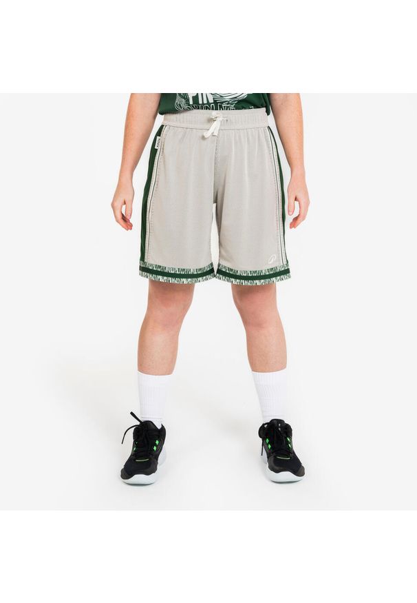 KIPSTA - Dwustronne spodenki do koszykówki Kipsta 500. Kolor: beżowy, wielokolorowy, zielony. Materiał: poliester, prążkowany, materiał, tkanina. Sport: koszykówka