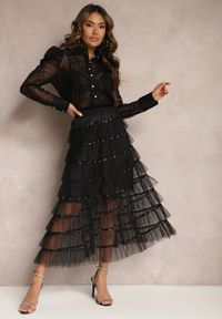 Renee - Czarna Rozkloszowana Spódnica Maxi z Falbankami i Cekinami Noobi. Kolor: czarny. Materiał: materiał. Wzór: aplikacja. Styl: elegancki
