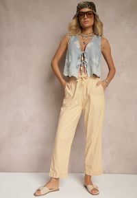 Renee - Beżowe Spodnie z Bawełny High Waist z Wiązaniem Tyswia. Okazja: na co dzień. Stan: podwyższony. Kolor: beżowy. Materiał: bawełna. Styl: elegancki, casual #3