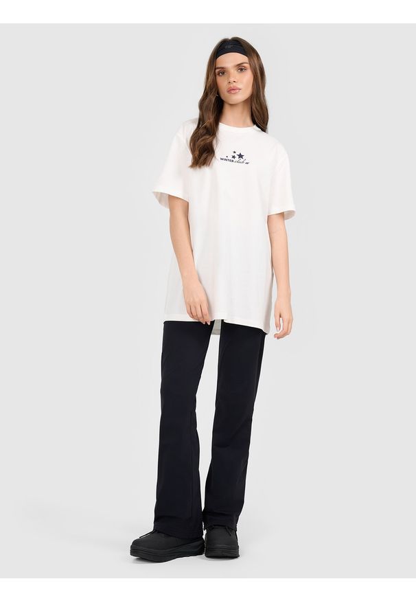 4f - 4F T-shirt oversize z nadrukiem damski - beżowy XS. Okazja: na co dzień. Kolor: beżowy. Materiał: dzianina. Wzór: nadruk. Styl: casual