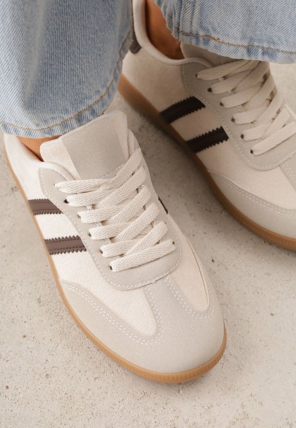 Renee - Beżowo-Brązowe Sneakersy z Ekozamszu na Płaskiej Podeszwie Pemeriana. Nosek buta: okrągły. Zapięcie: sznurówki. Kolor: beżowy. Materiał: zamsz, materiał, skóra. Obcas: na płaskiej podeszwie. Wysokość obcasa: niski