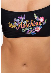 MOSCHINO Czarna góra od bikini z kwiecistym logo, Rozmiar XS. Kolor: czarny. Wzór: nadruk, kwiaty