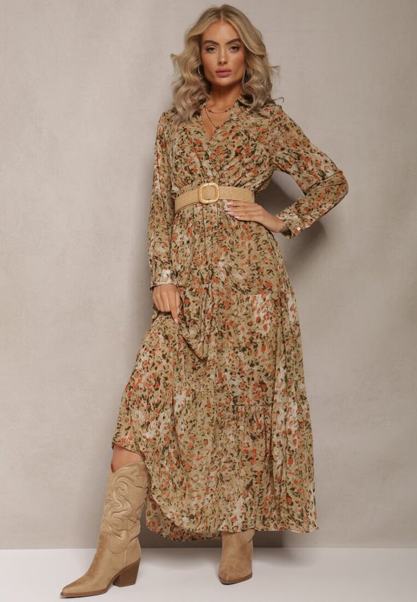 Renee - Jasnozielona Sukienka Rozkloszowana z Kopertowym Dekoltem Galateia. Okazja: na spacer, na co dzień. Typ kołnierza: dekolt kopertowy. Kolor: zielony. Materiał: tkanina. Długość rękawa: długi rękaw. Sezon: wiosna, jesień. Typ sukienki: kopertowe. Styl: casual