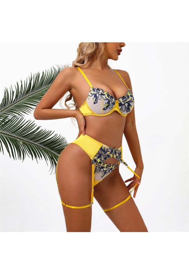 Intica - Zestaw bielizny koronkowy z pasem do pończoch satynowe wykończenie Sean. Kolor: wielokolorowy. Materiał: satyna, koronka. Wzór: koronka