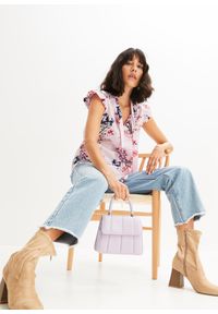 bonprix - Bluzka z rękawkami z falbankami. Typ kołnierza: kołnierz z falbankami. Kolor: różowy. Długość rękawa: bez rękawów, krótki rękaw. Wzór: nadruk #2