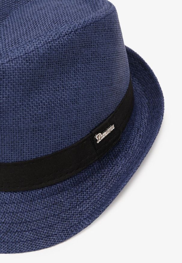 Born2be - Granatowa Pleciony Kapelusz Fedora z Kontrastową Taśmą Zanatia. Kolor: niebieski
