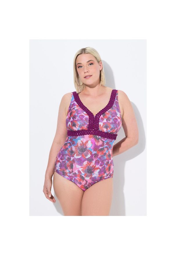 ULLA POPKEN - Damski Strój kąpielowy błyszczące kwiaty miękkie miseczki z recyklingu. Kolekcja: plus size. Kolor: różowy. Wzór: kwiaty
