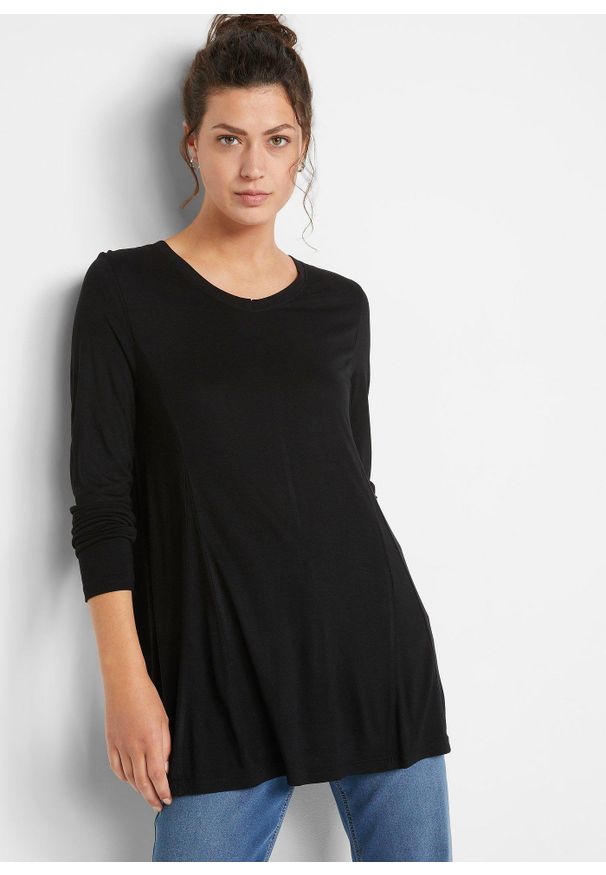 bonprix - Shirt z długim rękawem, z miękkiej wiskozy. Typ kołnierza: dekolt w serek. Kolor: czarny. Materiał: wiskoza, materiał. Długość rękawa: długi rękaw. Długość: długie