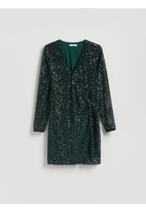 Reserved - Cekinowa sukienka mini - zielony. Kolor: zielony. Materiał: tkanina. Typ sukienki: proste. Długość: mini