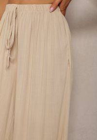 Renee - Beżowe Szerokie Spodnie High Waist z Gumką w Talii Ilnena. Okazja: na co dzień. Stan: podwyższony. Kolor: beżowy. Styl: klasyczny, casual, elegancki #3