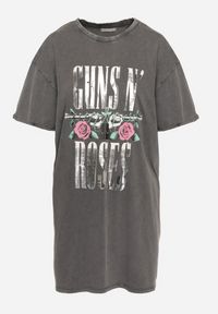 Born2be - Szary T-shirt z Bawełny z Napisem Guns N' Roses Pocamona. Kolor: szary. Materiał: bawełna. Wzór: napisy. Styl: rockowy #4