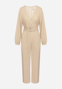 Born2be - Beżowy Bawełniany Kombinezon o Kopertowym Kroju z Paskiem i Gumką w Talii Mirrira. Kolor: beżowy. Materiał: bawełna. Długość rękawa: długi rękaw. Długość: długie. Styl: elegancki, klasyczny #5