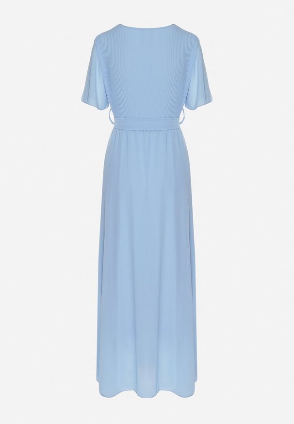 Born2be - Niebieska Kopertowa Sukienka z Gumką w Pasie i Plisowaną Górą Davitri. Kolor: niebieski. Materiał: materiał. Długość rękawa: krótki rękaw. Typ sukienki: kopertowe. Długość: maxi