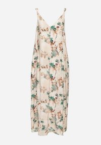 Born2be - Beżowo-Zielona Kwiecista Sukienka na Ramiączkach z Wiskozą o Rozkloszowanym Kroju Jenarienna. Okazja: na co dzień. Typ kołnierza: dekolt w kształcie V. Kolor: zielony. Materiał: wiskoza. Długość rękawa: na ramiączkach. Wzór: kwiaty. Typ sukienki: rozkloszowane. Styl: casual, elegancki #3