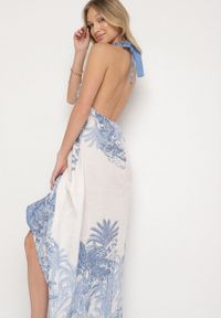 Born2be - Niebieska Sukienka z Wiskozą i Motywem Palm z Wiązaniem Izomara. Okazja: na co dzień, na spacer. Kolor: niebieski. Materiał: wiskoza. Sezon: lato. Styl: elegancki, casual