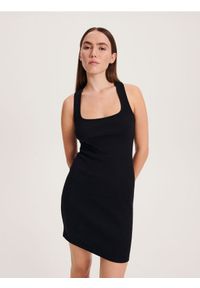 Reserved - Bawełniana sukienka mini - czarny. Kolor: czarny. Materiał: bawełna. Wzór: gładki. Długość: mini