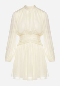 Born2be - Beżowa Sukienka Rozkloszowane ze Stójką Marszczeniami i Transparentnymi Ramionami Belabria. Okazja: na co dzień. Typ kołnierza: kołnierzyk stójkowy. Kolor: beżowy. Typ sukienki: rozkloszowane. Styl: casual, klasyczny #3