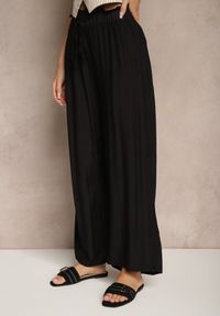 Renee - Czarne Spodnie High Waist o Szerokim Kroju z Wiązaniem Telisiela. Okazja: na co dzień. Stan: podwyższony. Kolor: czarny. Styl: klasyczny, elegancki, casual