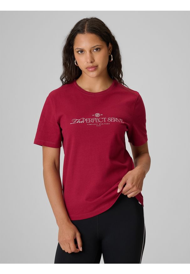 4f - 4F T-shirt relaxed z nadrukiem damski - burgundowy S. Kolor: czerwony. Materiał: bawełna, materiał, dzianina. Wzór: nadruk. Styl: sportowy, klasyczny