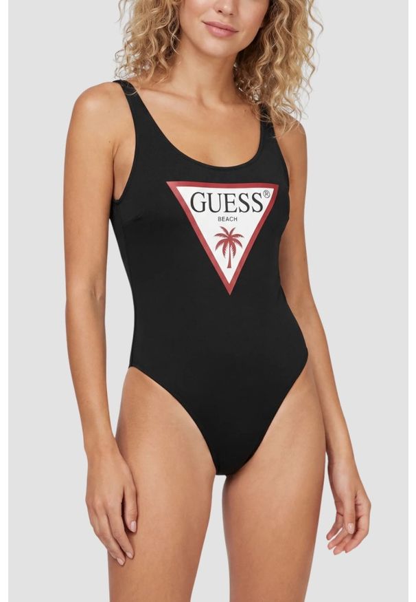 Guess - GUESS Czarny damski jednoczęściowy strój kąpielowy z logo Violet, Rozmiar L. Kolor: czarny