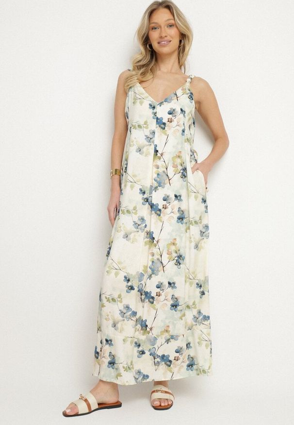 Born2be - Beżowo-Niebieska Kwiecista Sukienka na Ramiączkach z Wiskozą o Rozkloszowanym Kroju Jenarienna. Okazja: na co dzień. Typ kołnierza: dekolt w kształcie V. Kolor: niebieski. Materiał: wiskoza. Długość rękawa: na ramiączkach. Wzór: kwiaty. Typ sukienki: rozkloszowane. Styl: casual, elegancki
