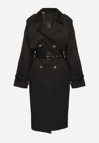 Born2be - Czarny Płaszcz Dwurzędowy Trencz Ozdobiony Paskiem i Pagonami Malwissa. Okazja: na co dzień. Kolor: czarny. Materiał: jeans. Wzór: aplikacja. Sezon: wiosna, jesień. Styl: casual, elegancki #4