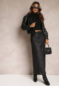 Renee - Czarna Maxi Trapezowa Spódnica z Ekoskóry Agapito. Kolor: czarny. Materiał: skóra, materiał