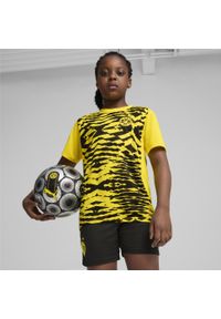 Puma - Młodzieżowa koszulka przedmeczowa z krótkim rękawem Borussia Dortmund PUMA. Kolor: czarny, wielokolorowy, żółty. Długość rękawa: krótki rękaw. Długość: krótkie. Sport: piłka nożna