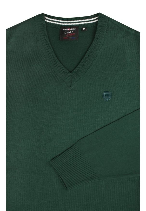 Sweter Męski Wełniany - Dekolt w Serek - Pako Jeans - Głęboka Zieleń. Okazja: na spotkanie biznesowe, do pracy. Typ kołnierza: dekolt w serek. Materiał: akryl, wełna. Styl: biznesowy, klasyczny