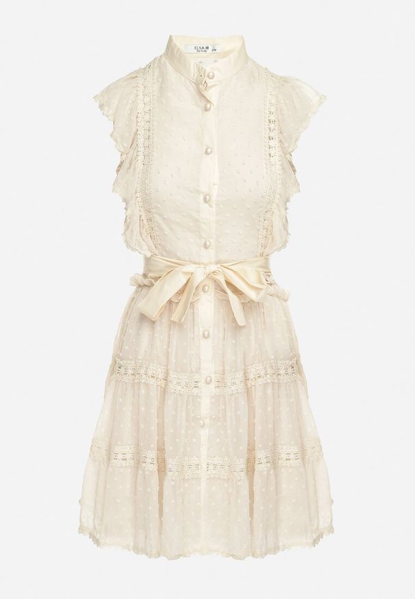 Born2be - Jasnobeżowa Koszulowa Sukienka Mini z Falbankami i Wiązanym Paskiem Divertire. Typ kołnierza: kołnierz z falbankami. Kolor: beżowy. Materiał: materiał, tkanina. Typ sukienki: koszulowe. Długość: mini