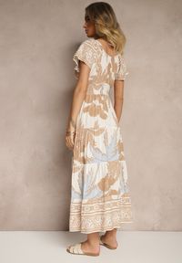 Renee - Jasnobeżowa Sukienka Rozkloszowana z Wiskozy w Boho Wzór Elliseira. Okazja: na co dzień, na imprezę. Kolor: beżowy. Materiał: wiskoza. Długość rękawa: krótki rękaw. Sezon: lato. Typ sukienki: proste. Styl: boho
