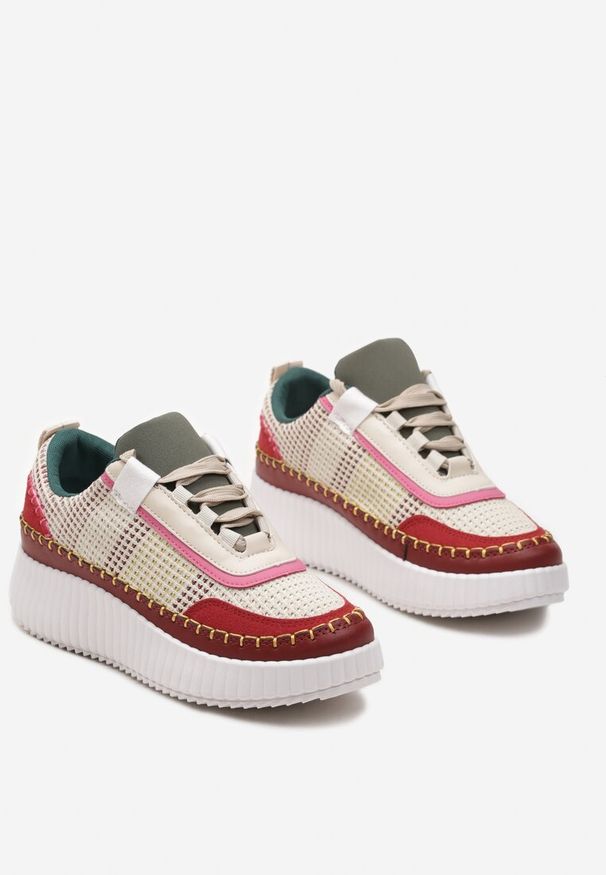 Born2be - Bordowe Sneakersy na Platformie z Tweedowymi Wstawkami i Przeszyciami Leganna. Kolor: czerwony. Obcas: na platformie