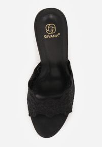 Born2be - Czarne Klapki na Metalicznej Szpilce z Koronkową Cholewką Thyxyphise. Okazja: na ślub cywilny, na wesele. Kolor: czarny. Materiał: koronka. Wzór: aplikacja #2