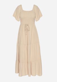 Born2be - Beżowa Sukienka z Wiskozą Lnem i Elastyczną Górą Ellisena. Okazja: na co dzień, na spacer. Kolor: beżowy. Materiał: len, wiskoza. Typ sukienki: proste. Styl: klasyczny, casual, elegancki #2