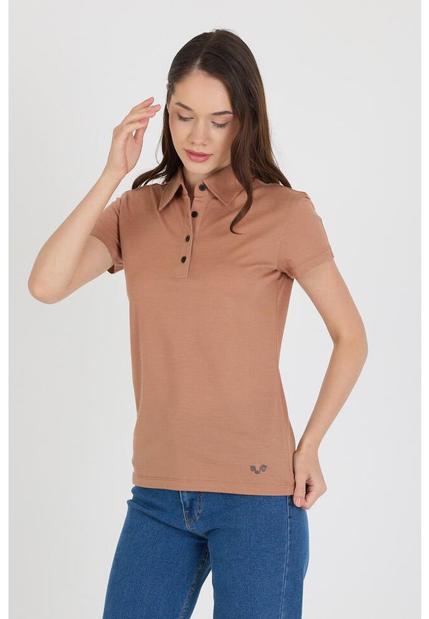 WOOLONA - Koszulka Polo Damska 100% Merino Woolona. Typ kołnierza: polo. Kolor: brązowy