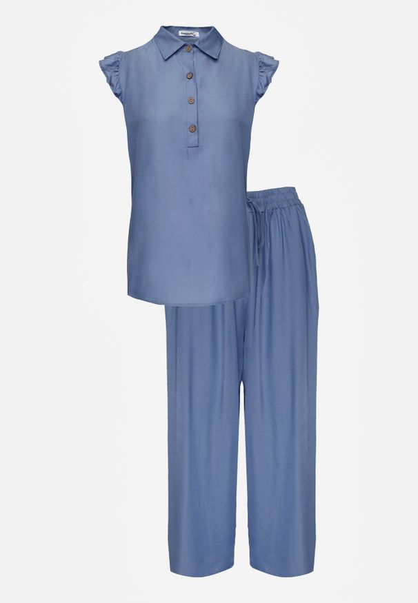 Renee - Niebieski Komplet z Wiskozą Bluzka z Kołnierzem i Spodnie Wide Leg Naunne. Kolor: niebieski. Materiał: wiskoza