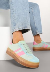 Born2be - Jasnozielone Płaskie Sneakersy Ozdobione Paskami Norili. Okazja: na co dzień. Zapięcie: pasek. Kolor: zielony. Materiał: jeans. Wzór: aplikacja