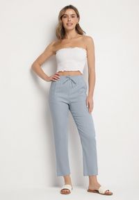 Born2be - Niebieskie Spodnie z Lnem Ozdobione Sznurkiem Naterella. Okazja: na co dzień. Kolor: niebieski. Materiał: len. Wzór: aplikacja. Sezon: lato. Styl: elegancki, casual