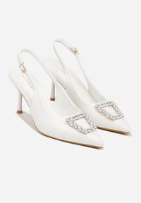 Renee - Białe Sandały na Szpilce Ozdobione Aplikacją z Cyrkoniami Isleheart. Zapięcie: sprzączka. Kolor: biały. Materiał: jeans. Wzór: aplikacja. Obcas: na szpilce. Styl: elegancki #2